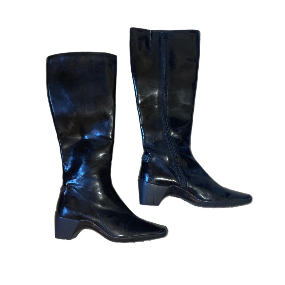 Aquatalia 2000's / y2k vintage black leather knee high square toe boots